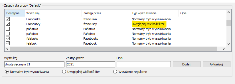 Różne tryby zastępowania wyrazów w programie Subtitle Edit