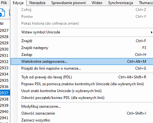 Widok opcji wielokrotnego zastępowania w programie Subtitle Edit